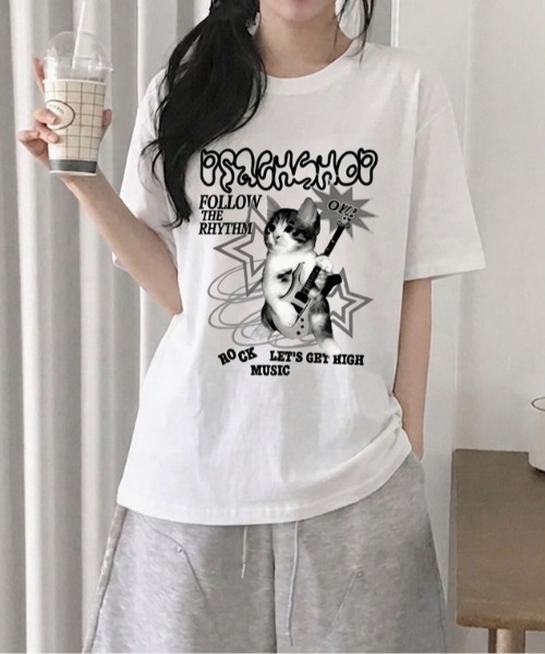 ヒステリックグラマー チュール キャットTシャツ　半袖 ホワイト フリーサイズ LADY LIKE（レディライク） tシャツ 半袖 キャットロックゆったり半袖T