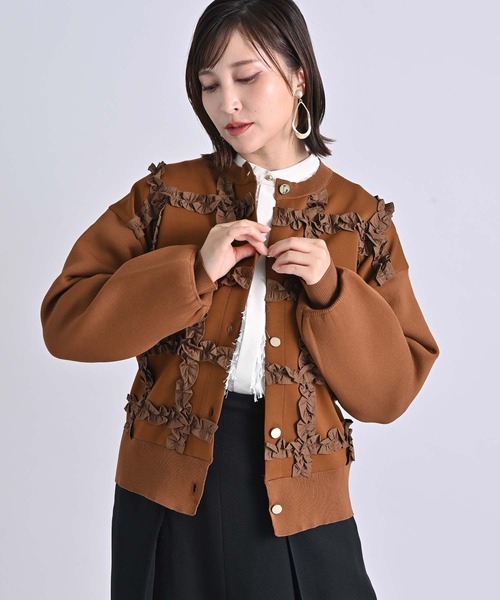 フィッチェ　カーディガン　肉厚　ハンドメイド　ローゲージ　パッチワーク　茶系　F RAW FUDGE（ローファッジ） カーディガン チェック柄プレーティング