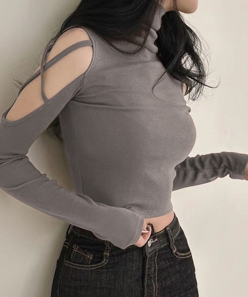 semuse tシャツ オープンショルダークロップド丈ハイネックロンT