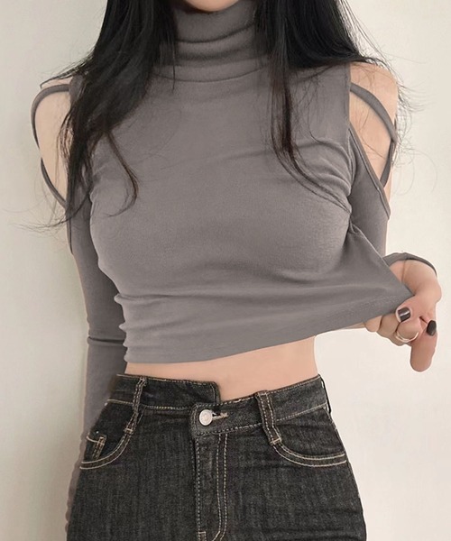 semuse tシャツ オープンショルダークロップド丈ハイネックロンT