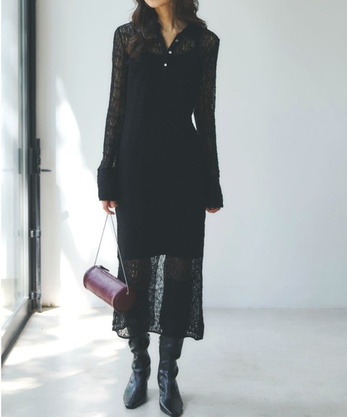 anuans（アニュアンス） ワンピース ウールレースポロニットワンピース