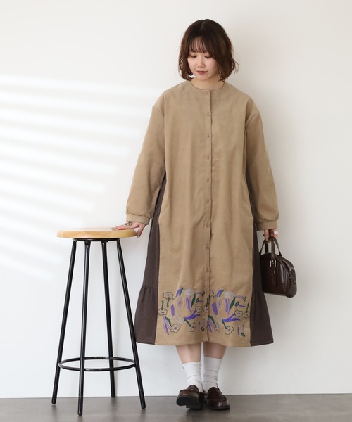 Emago（イマゴ） シャツワンピース 花刺繍サイド切替えワンピース 長袖