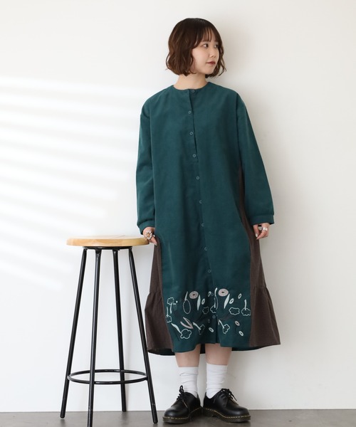 Emago（イマゴ） シャツワンピース 花刺繍サイド切替えワンピース 長袖