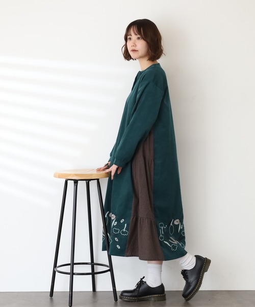 Emago（イマゴ） シャツワンピース 花刺繍サイド切替えワンピース 長袖