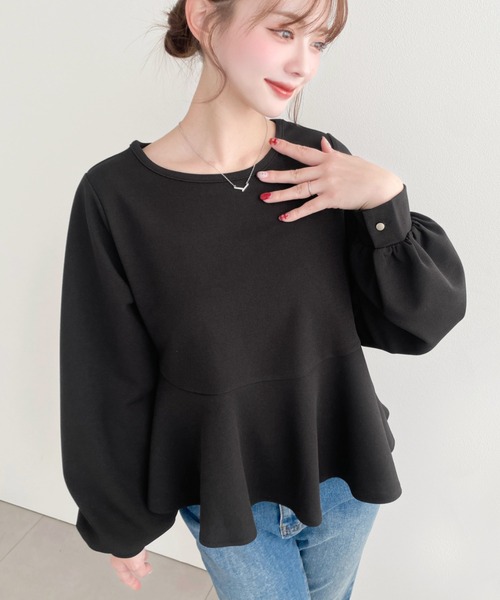 ドゥロワー Tシャツ　ペプラム　ブラウス　ネイビー　ブラック　トップス　1 36 moment+ tシャツ しわになりにくい長袖ストレッチジョーゼットペプラム