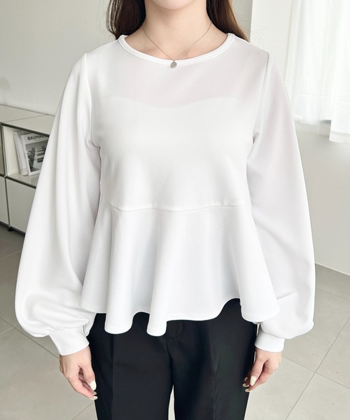moment+ tシャツ しわになりにくい長袖ストレッチジョーゼットペプラム