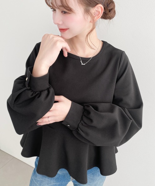 moment+ tシャツ しわになりにくい長袖ストレッチジョーゼットペプラム