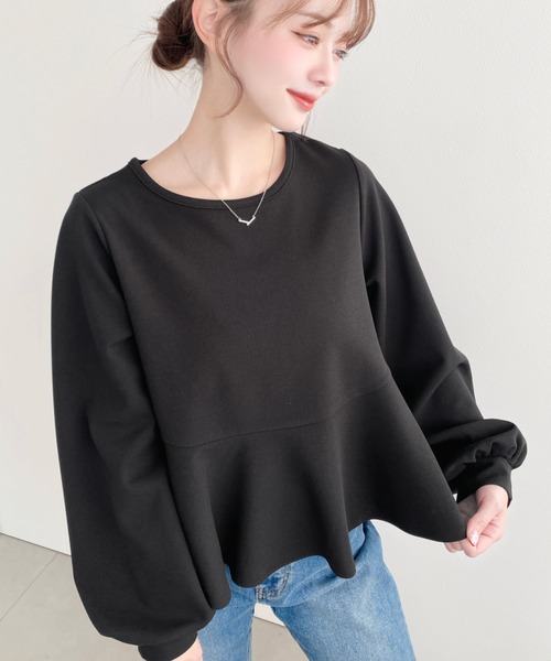 moment+ tシャツ しわになりにくい長袖ストレッチジョーゼットペプラム