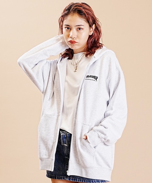 「THRASHER」 ジップアップパーカー M ライトグレー レディース_画像4