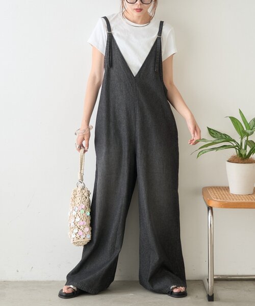 ほぼ 新品 未使用 もりのがっこう ブラック サロペット M サイズ V ネック vネック サロペット（レディースファッション）（色：ブラック系