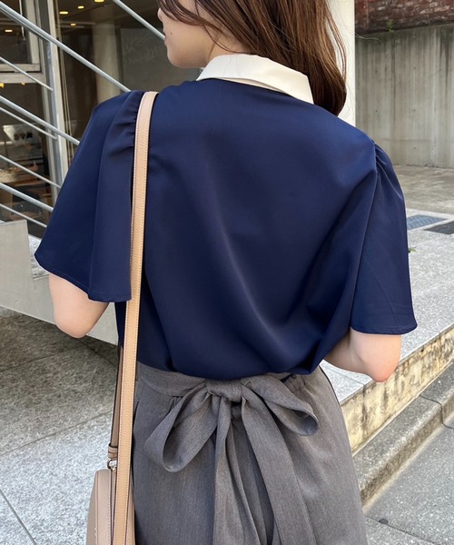 シャツ/ブラウス(半袖/袖なし) Stripe Flare Blouse 3色展開】「Meridian」ストライプ セーラーカラー 半袖ブラウス