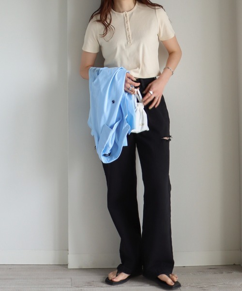 tシャツ テレコショート丈ヘンリーネックTシャツ/リンガーT