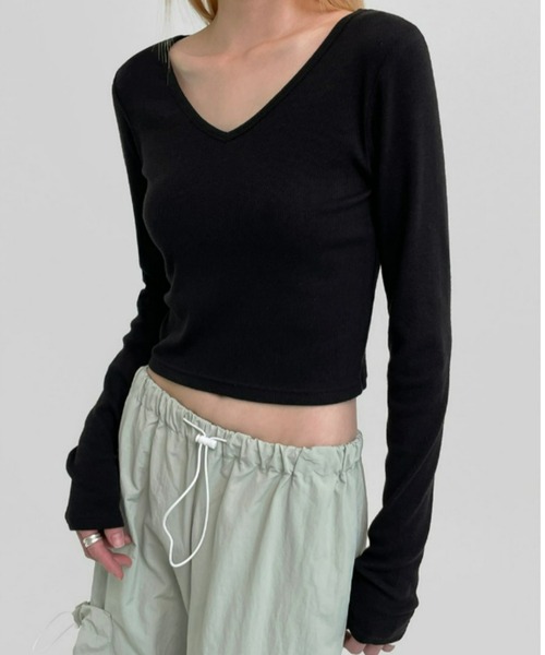 Invel レディース Vネック　長袖　 Tシャツ M ブラック BLACKUP（ブラックアップ） tシャツ 「MADE」 コトムVネッククロップ