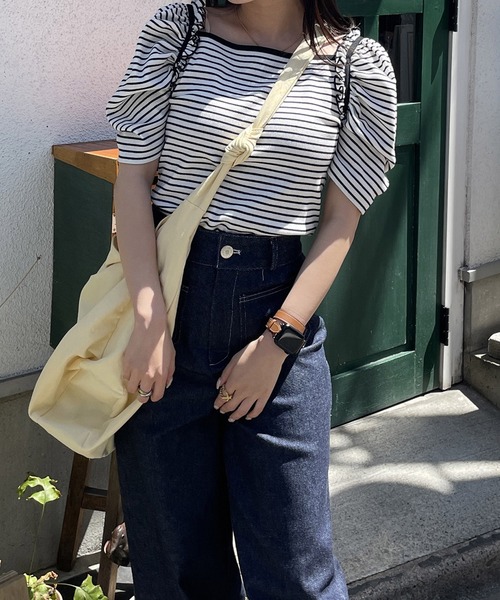 スフレパフスリプルオーバーボーダートップスパワショルTシャツブラウスカットソー スフレパフスリプルオーバーボーダートップスパワショルTシャツ