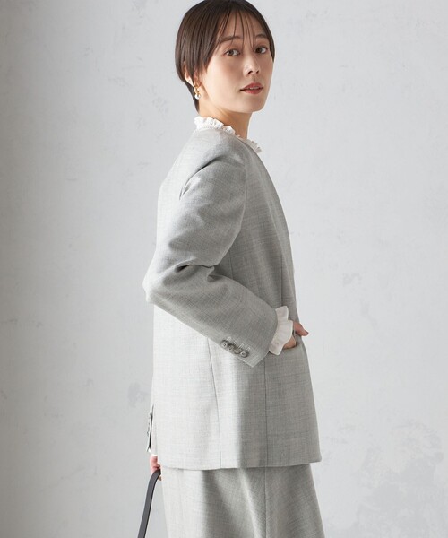 SHIPS シップス ノーカラージャケット ウール ニット M レディース quaranciel:〈手洗い可能〉ノーカラー ポケット ニット