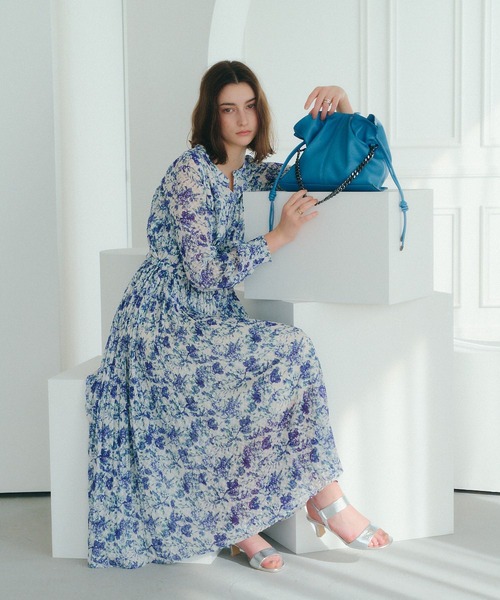 YECCA VECCA ワンピース ボタニカル柄シアージャガードプリーツ  