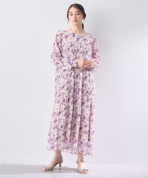 YECCA VECCA ワンピース ボタニカル柄シアージャガードプリーツ  