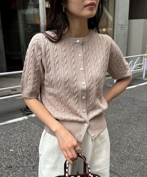カーディガン FR刺繍ケーブル柄半袖カーディガン レディース