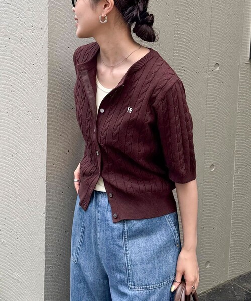 カーディガン FR刺繍ケーブル柄半袖カーディガン レディース fredy emue カーディガン FR刺繍ケーブル柄半袖カーディガン