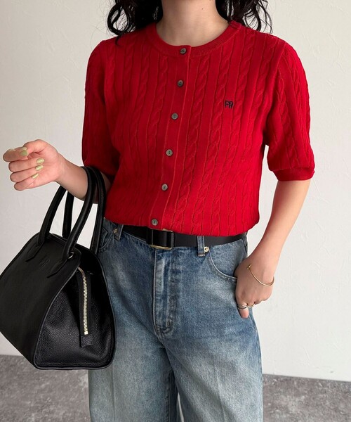 y*.様 Rosy luce ケーブルニット 半袖カーディガン レッド F fredy emue（フレディエミュ） カーディガン FR刺繍ケーブル柄半袖