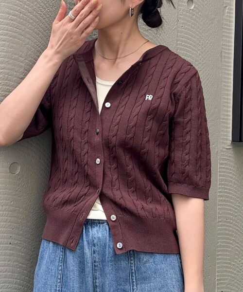 カーディガン FR刺繍ケーブル柄半袖カーディガン レディース fredy emue カーディガン FR刺繍ケーブル柄半袖カーディガン