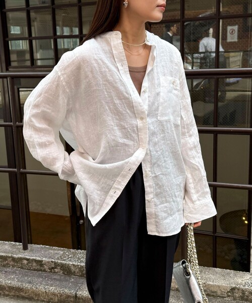 ブラウス シャツ LINEN100バンドカラーシャツ レディース