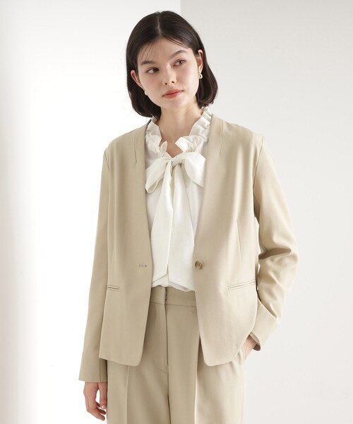 シングルノーカラージャケットセットアップ リネンライク ノーカラージャケット セットアップ着用可【AOKI
