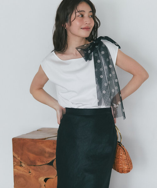 tシャツ 「最強愛され」ドットチュールリボンカットソー レディース La boutique Bonbon tシャツ 「最強愛され」ドットチュール