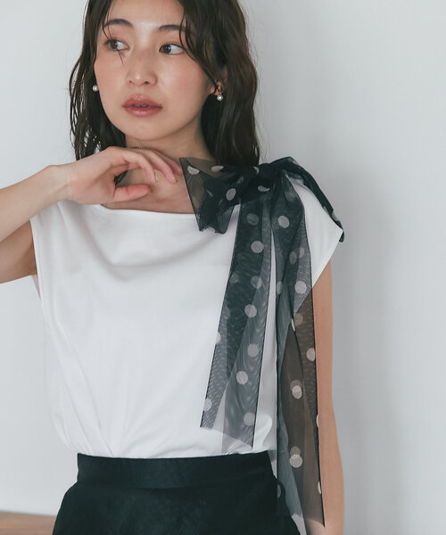 tシャツ 「最強愛され」ドットチュールリボンカットソー レディース La boutique Bonbon tシャツ 「最強愛され」ドットチュール