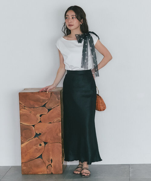 tシャツ 「最強愛され」ドットチュールリボンカットソー レディース La boutique Bonbon tシャツ 「最強愛され」ドットチュール