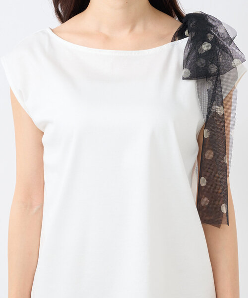tシャツ 「最強愛され」ドットチュールリボンカットソー レディース La boutique Bonbon tシャツ 「最強愛され」ドットチュール