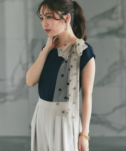 tシャツ 「最強愛され」ドットチュールリボンカットソー レディース La boutique Bonbon tシャツ 「最強愛され」ドットチュール