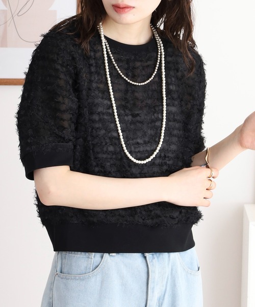 tシャツ A.N.L シアーフリンジ半袖プルオーバー レディース tシャツ A.N.L シアーフリンジ半袖プルオーバー レディース