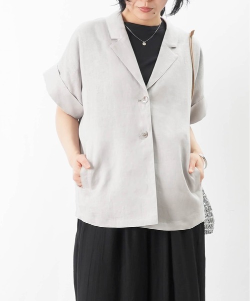 極美品 T-JACKET L リネン 総柄 アンコンテーラードジャケット グレー 極美品 T-JACKET L リネン 総柄 アンコンテーラードジャケット