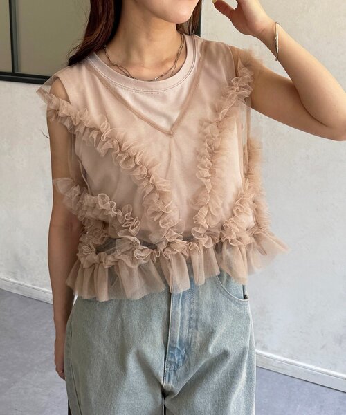 tシャツ チュールフリルベスト×ノースリセットプルオーバー レディース