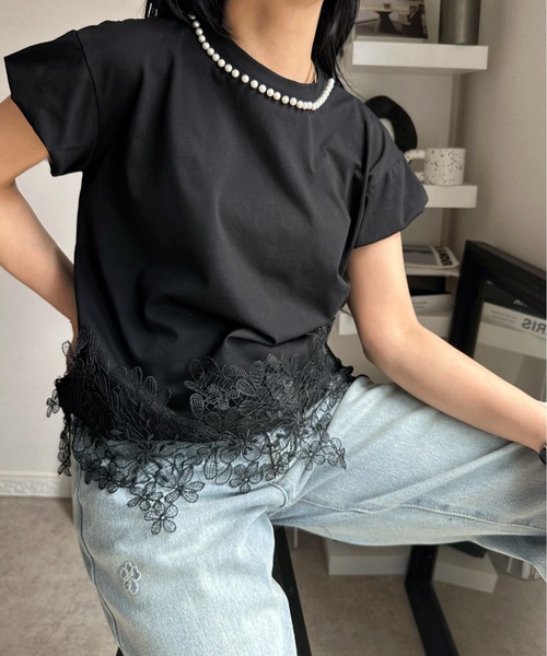 tシャツ パール付き袖レースTシャツ レディース