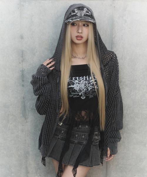 GAMCHU 死神族メッシュ編みビッグパーカー　破壊骨りあ　黒 中古・古着通販】gamchu (ガムチュ) ボクのお友達はゆらゆらり死神族