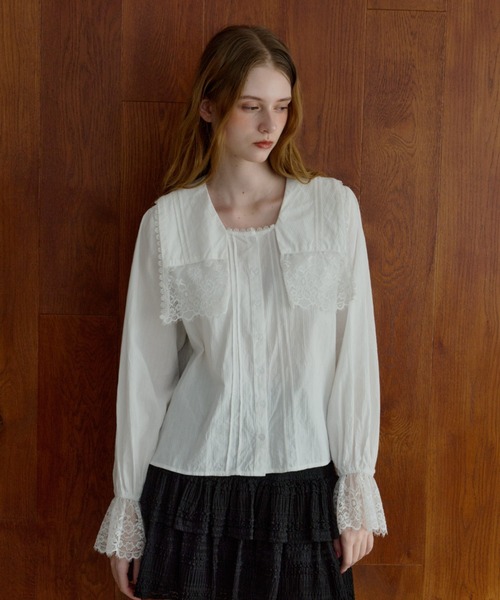 ヨーロッパ　アンティーク襟付きブラウス ブラウス シャツ vintage square lace collar blouse / 襟デザイン