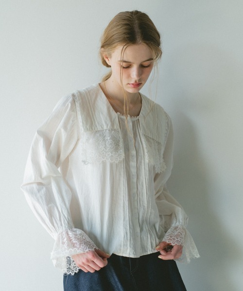 ブラウス シャツ vintage square lace collar blouse / 襟デザイン
