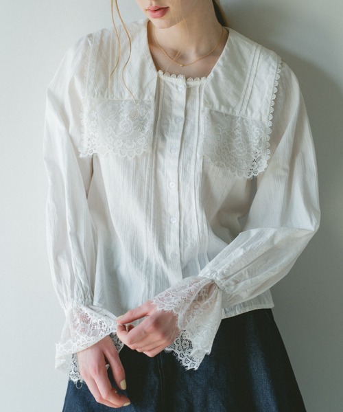 ブラウス シャツ vintage square lace collar blouse / 襟デザイン