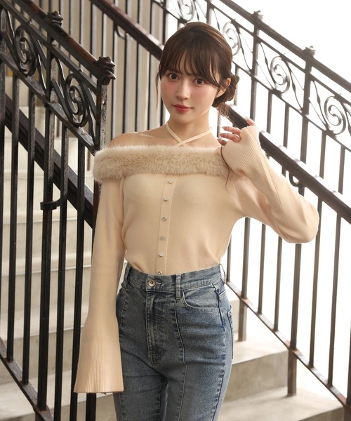 one after another NICE CLAUP ニット セーター オフショルフェイク