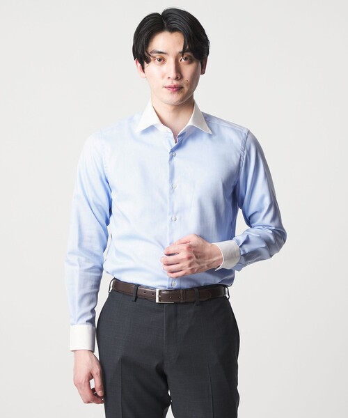 【LT.BLUE】ヘリンボーン クレリック ワイドカラーシャツ-イージーケア-<A DAY IN THE LIFE> UNITED ARROWS LTD. OUTLET｜ヘリンボーン クレリック ワイドカラー