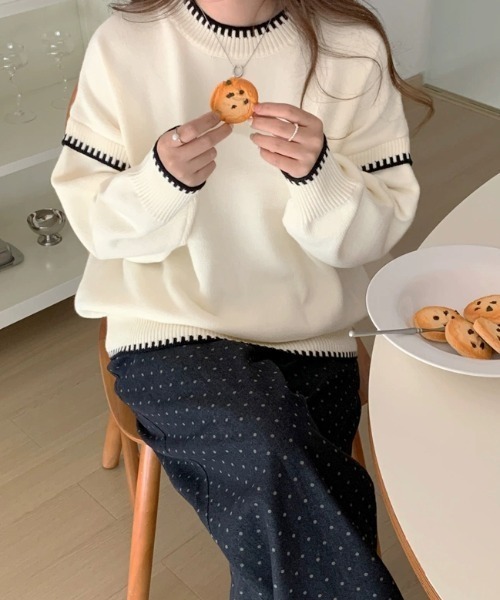 COCOMOMO ニット セーター 配色ステッチニット クルーネック ニット