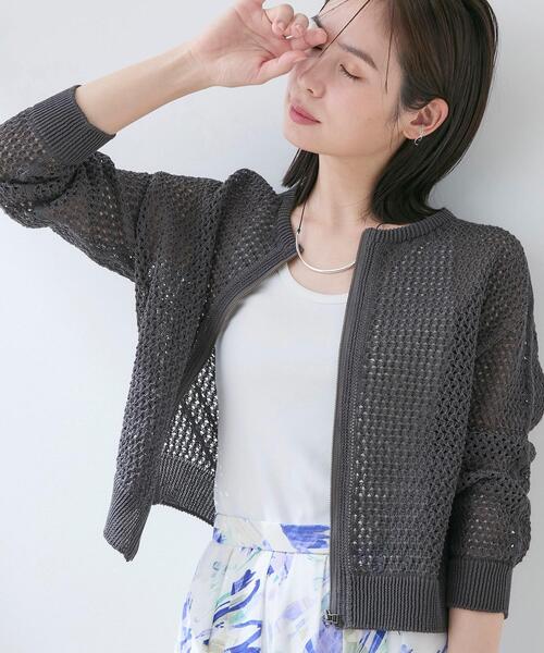 美品 インディヴィ 洗える 畦編み デザインニットカーディガン ad thie（アドティエ） カーディガン 片畦編み・Vネック MIXニット