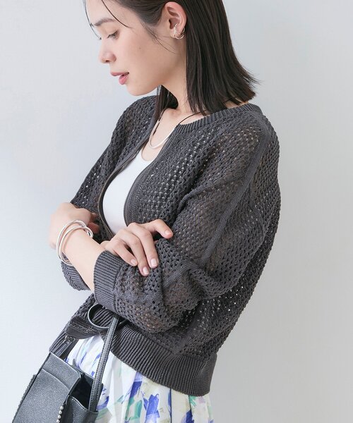 カーディガン 「洗える／コットン」メッシュジップニットカーディガン レディースの画像