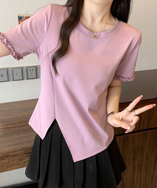 2ly2 tシャツ アシンメトリーヘム 半袖Tシャツ / フリル袖デザイン 