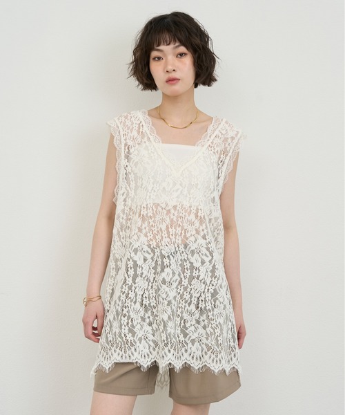 45R ノースリーブカットソー　シャツ　ベストトップス　チュニック NUJOH ベスト ジレ Lace Sleeveless Tunic Top / レースノースリーブ