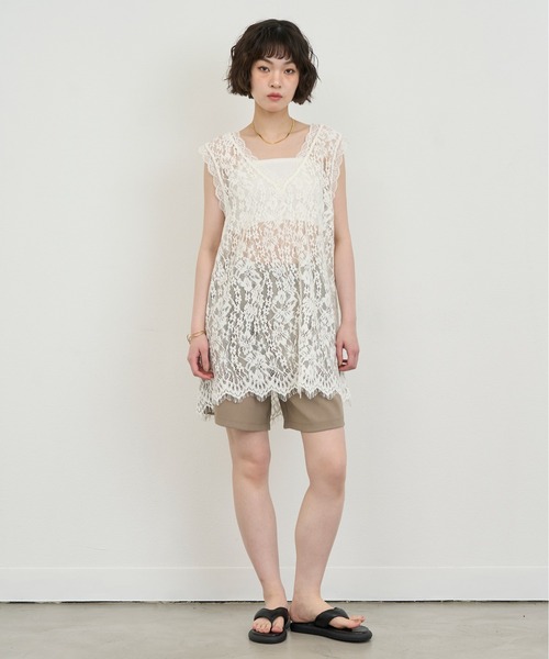 45R ノースリーブカットソー　シャツ　ベストトップス　チュニック NUJOH ベスト ジレ Lace Sleeveless Tunic Top / レースノースリーブ