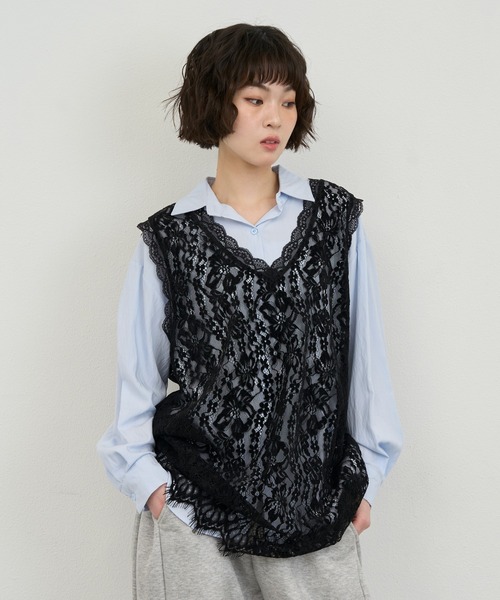 45R ノースリーブカットソー　シャツ　ベストトップス　チュニック NUJOH ベスト ジレ Lace Sleeveless Tunic Top / レースノースリーブ