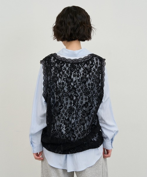 黒 レース ノースリーブ ベスト NUJOH ベスト ジレ Lace Sleeveless Tunic Top / レースノースリーブ